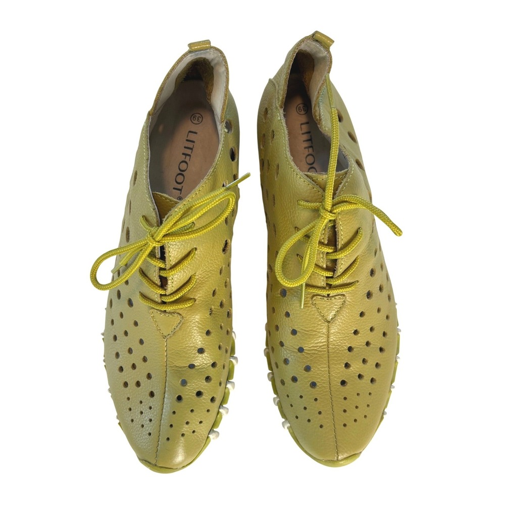 Litfoot Perforated Lace Up Shoes Green Womens 39 Leather Oxford Flexible Sole